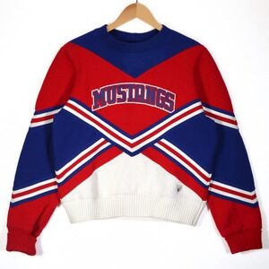 VTG Varsity Mustangs Sweater Womens M Red Blue Colorblock Cheer Spirit School